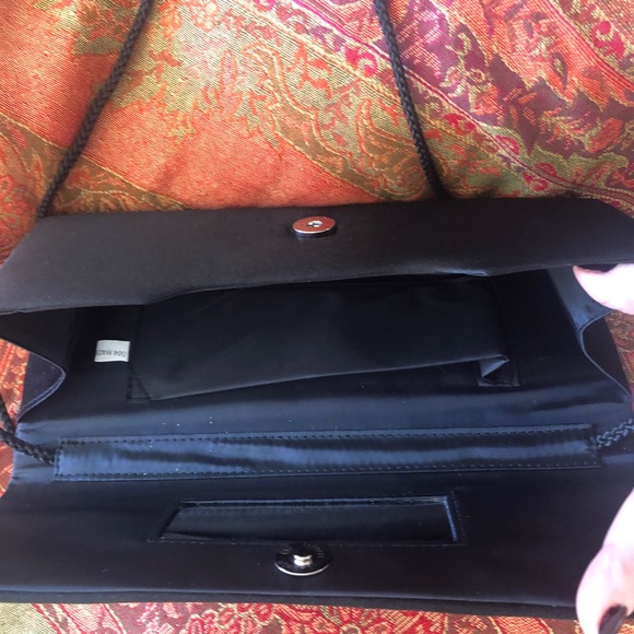 Vintage Black Satin Clutch or Shoulder Bag Rhinestone Bow on Front Evening Bag - Picture 6 of 7